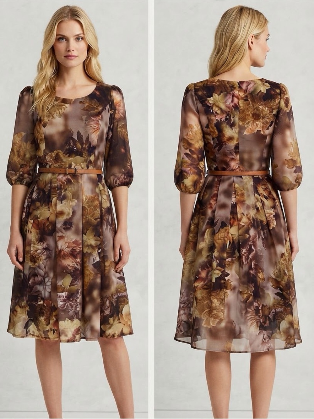 SALE💥NWT WOMEN SHIFFON DRESS KNEE-LENGTH 3/4 SHEER SLEEVES BELTED FLORAL PRINT